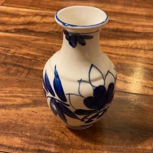Small white and blue vase. Made in Taiwan.